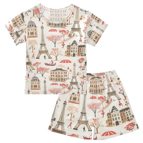 ALAZA Paris Eiffel Tower Castle Tree Pajamas Set Short Sleeve Cotton Sleepwear Summer Pjs 2 Piece 5-14Y