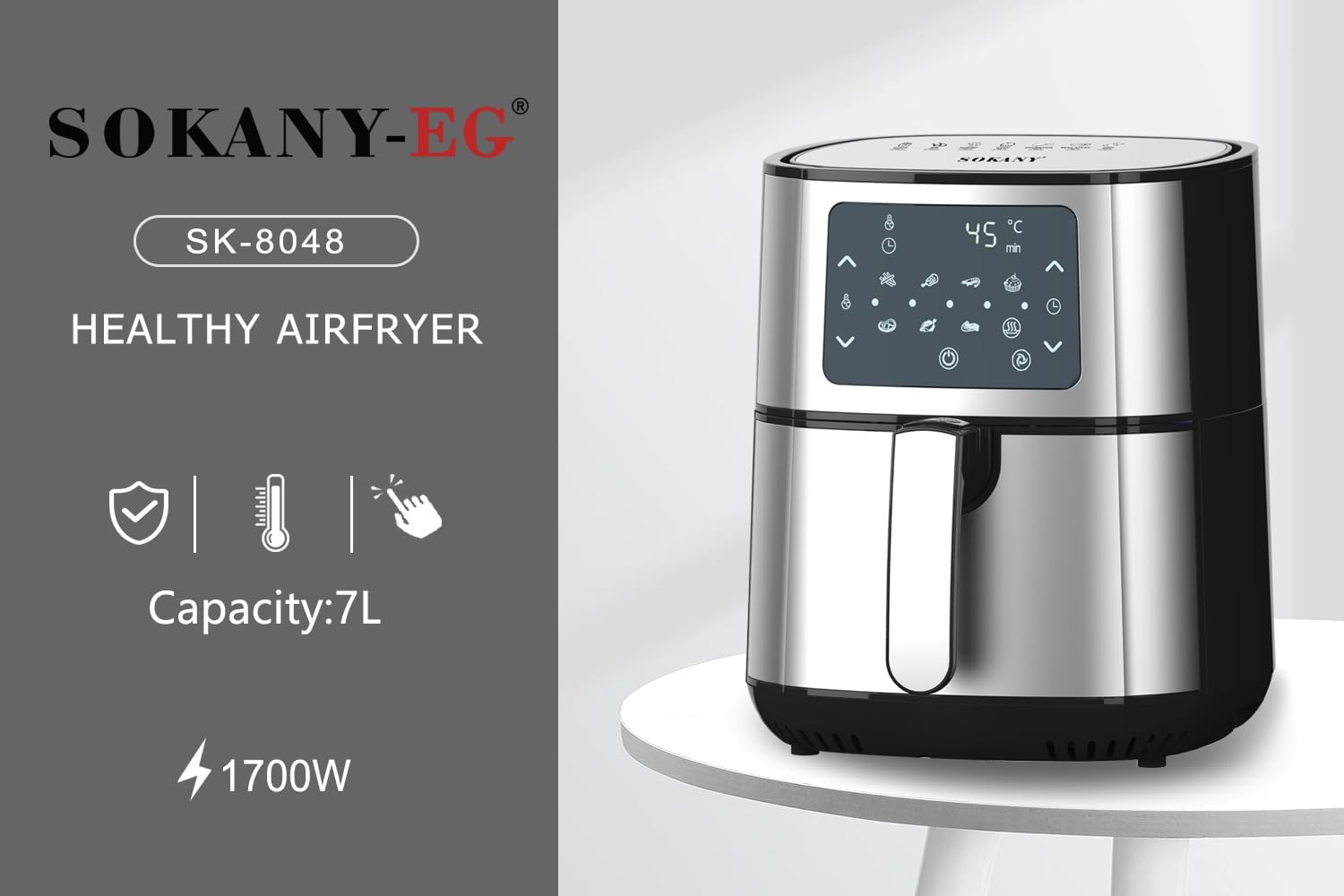 SOKANY Essential SK 8048 Air Fryer with digital display showing temperature and time settings.