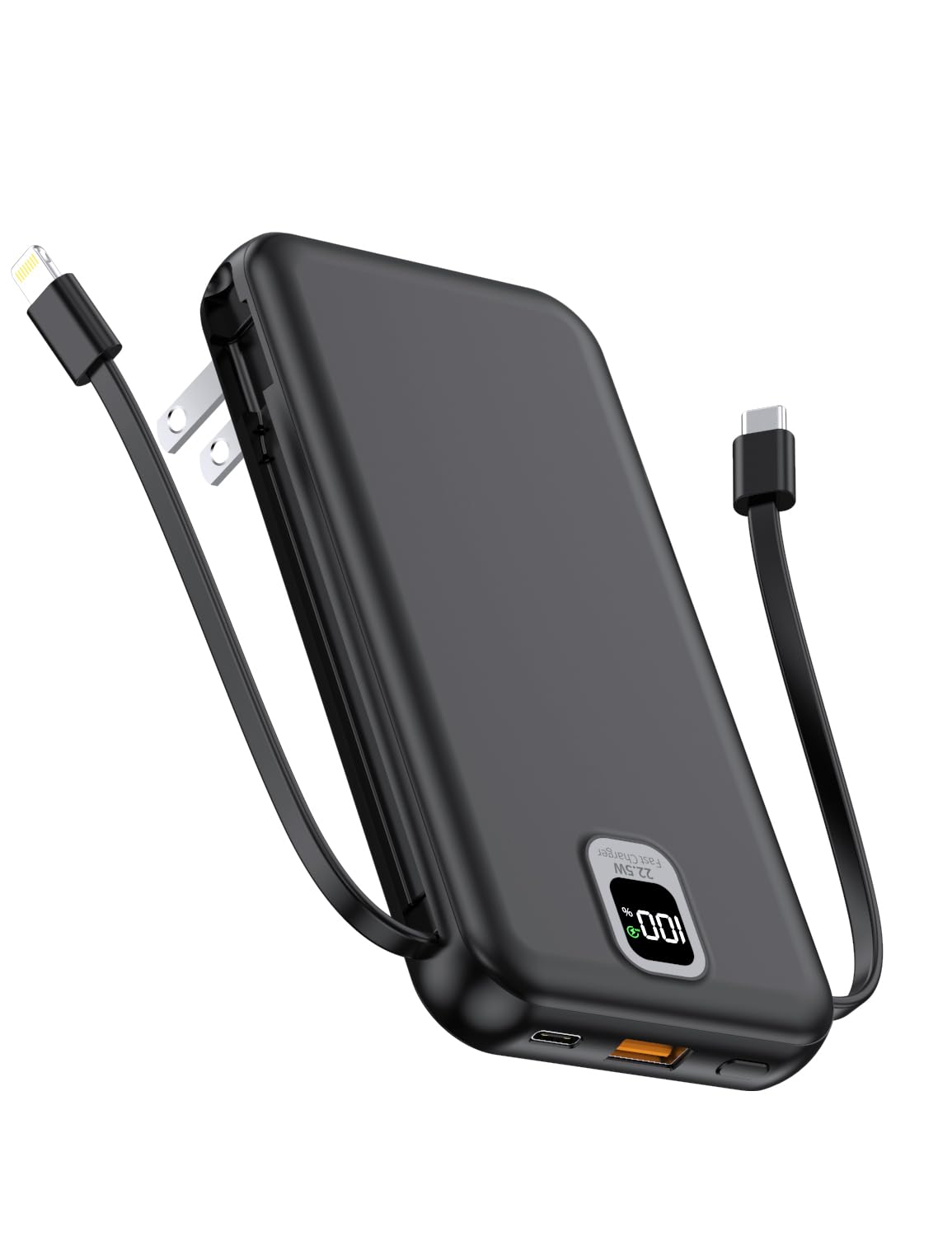 Portable Charger with Built-in Cables & AC Wall Plug 10000mAh Power Bank Fast Charging USB C for iPhone Samsung Android Phone QC22.5W&PD20W External Battery Pack Travel Accessories(Black)