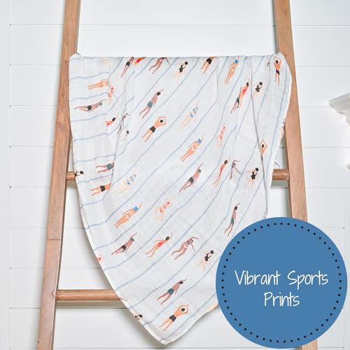 Image of LollyBanks Swaddle Blanket, 100% Cotton Muslin, Soft Baby Blanket 47 x 47 Inches, Neutral for Boys & Girls, Registry (Swimming /Sports Print)
