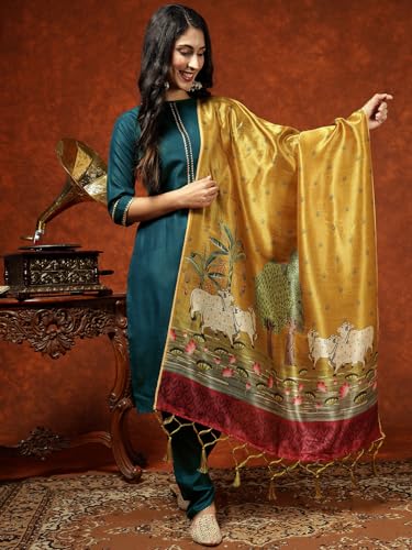 Image of EthnicJunction Women's Cotton Blend Kurta Pant Dupatta Set with Digital Print Dupatta | Karva Chauth Special Kurta