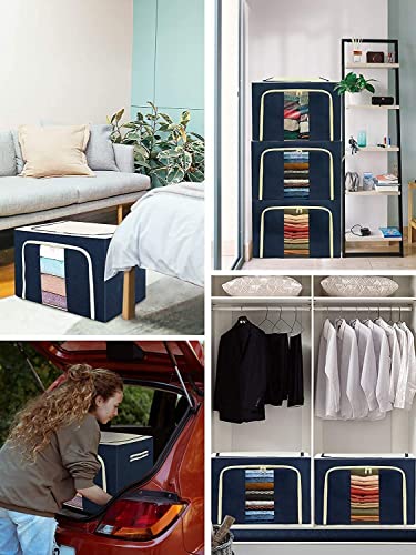 Image of Clothes Storage Box Wardrobe Organizer For Clothes 66 Liter Foldable Steel Frame Clothes Organizer Storage Box For Wardrobe, Saree, Shirts, And Blankets Pack Of 3