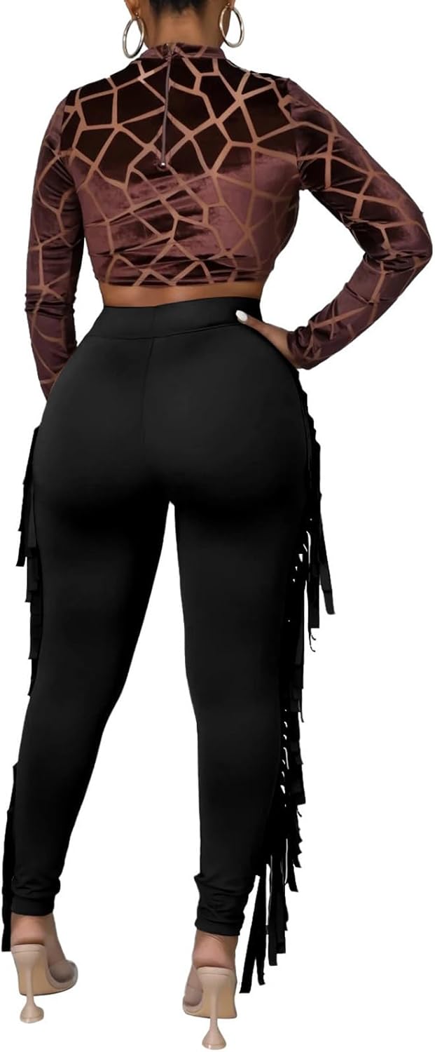 Womens Fringe Pants Elastic High Waist Bodycon Casual Long Tassel Leggings Sweatpants Club Outfits