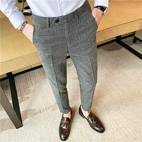 Men British Slim Casual Plaid Trousers Stretch Stripe Pants with Pockets Plaid Flat-Front Business Party Pencil Pant2