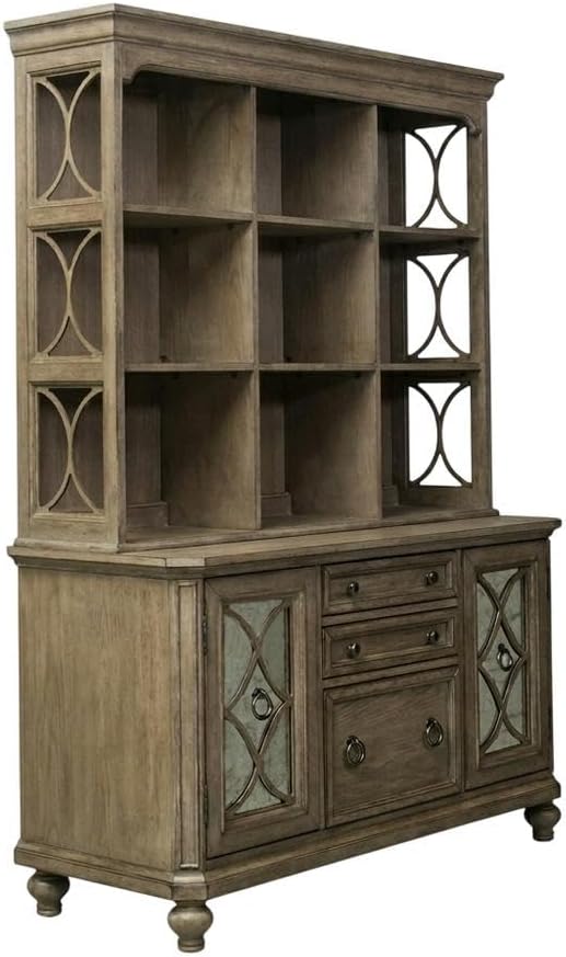 Heathered Taupe Credenza and Hutch Set, Rubberwood Solids, Cathedral White Oak Veneers, Durable Construction, Elegant Storage Solution