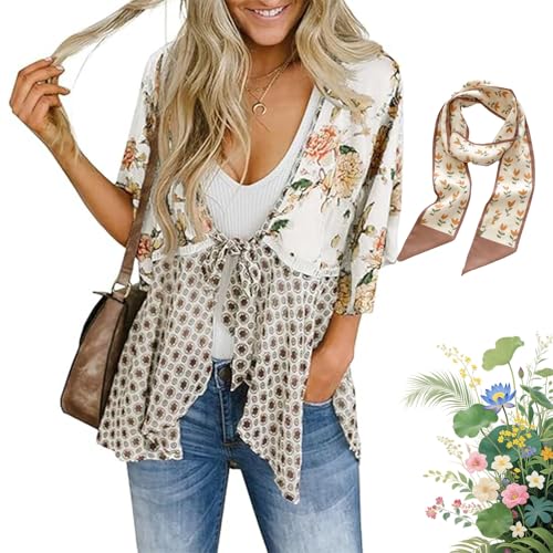 Women's Floral Kimono Ruffle Sleeve Tie Cardigans Flowy Boho Loose Cover Ups Short Beach Tops (White, 2XL)