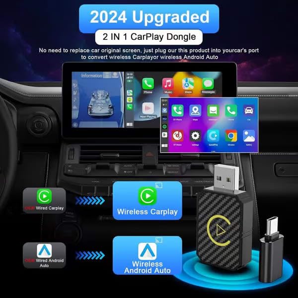 ACRSYNC CarPlay bezprzewodowy adapter 2 w 1 - Z systemem Android Auto & CarPlay | Bezprzewodowy dongle z Bluetooth 5.0 i WiFi | Automatyczne łączenie, kompaktowy Plug & Play