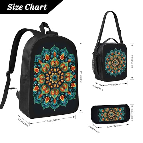 Colorful Ethnic Mandala 3 Pcs 17 Inches Backpack Set with Insulated Lunch Bag And Pencil Pouch Large Back Pack for Men Women Lunchbox Pencil Case Waterproof Backpacks Lunch Box 3 Piece Daypacks4