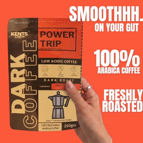 Image of Kents Coffee Power Trip - Dark Roast Coffee | LOW ACIDIC COFFEE | For Moka Pot, Drip Coffee Machines, Pour Over V60, Traditional Filter | 100% Indian Arabica | Bitter & Intense| Medium Fine Grind| Single Estate Chikmangalur | Washed Arabica Beans | Vienna Roast 200g Pack