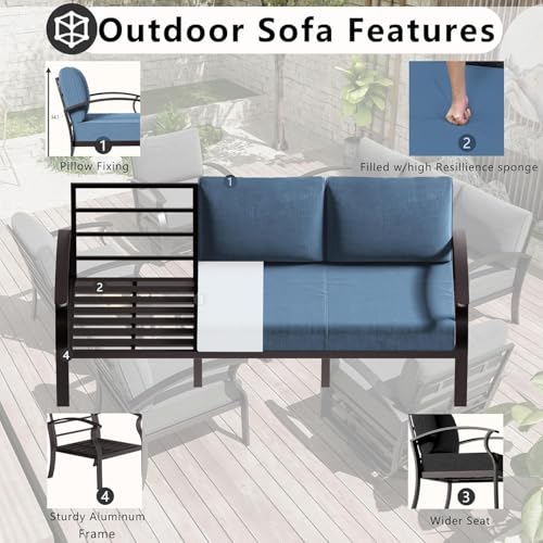 Image of Aluminum Patio Furniture Set with Fire Pit Table, 7 Seats Outdoor Patio Conversation Sets with Swivel Chair Modern Metal Sectional Sofa with Upgrade Cushions for Patio, Backyard - Blue