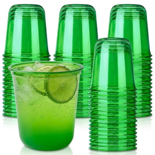 Xuelimei 50pcs 12oz Disposable Stemless Glasses PET Disposable Drinking Cups Cold Party Clear Plastic Wine Glasses for Parties Birthday Wedding Meeting Christmas Party Supplies. (Green)