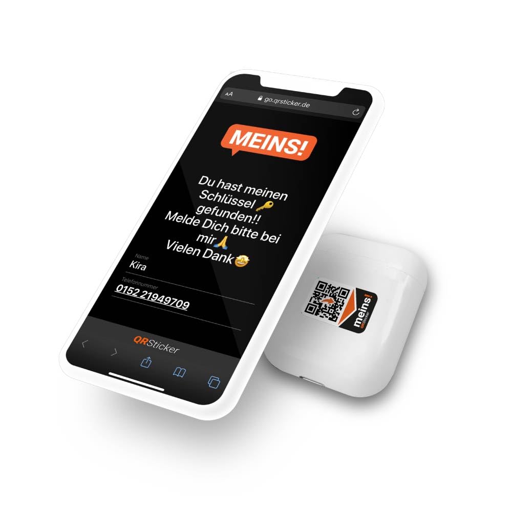 QRSticker 18x Meins! AirPods Personalize Stickers with Dynamic QR Code and Free Phone App to Find Lost AirPods, Keys, Phone, Drones for iOS and Android