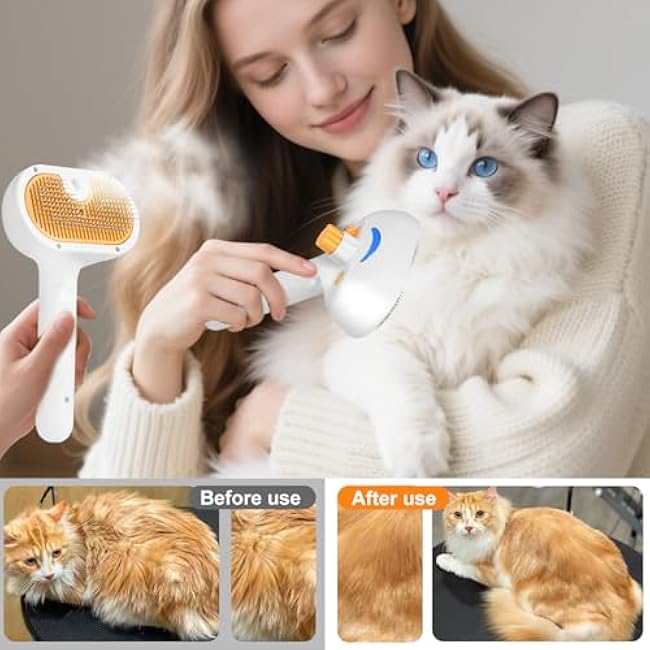 Cat Steam Brush, Pet Steam Brush for Cat & Dog, Mist Spray Comb, Spritz Defur Tool, Water Grooming Kit, Dog Hair Removal Steam Cleaner with Release Button Contains 1*Shampoo, Dental Wipes-ZLSoTutF