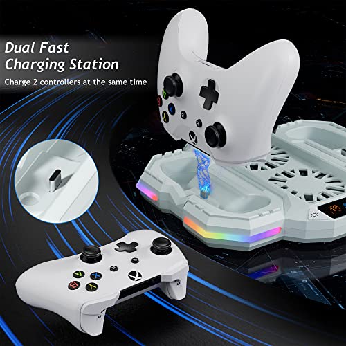 Cooling Fan Stand For Xbox Series S With Rgb Light Strip, Wiilkac Upgraded Dual Charger Station Dock Accessories With 2 X 1400Mah Rechargeable Battery Pack, Headset Hook & Usb Port For Sync - White #TOP2