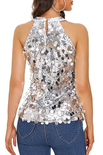 GUANYY Halter Sequin Tops for Women Sleeveless Sparkly Glitter Shiny Tank Top Party Concert Sequence Blouse4