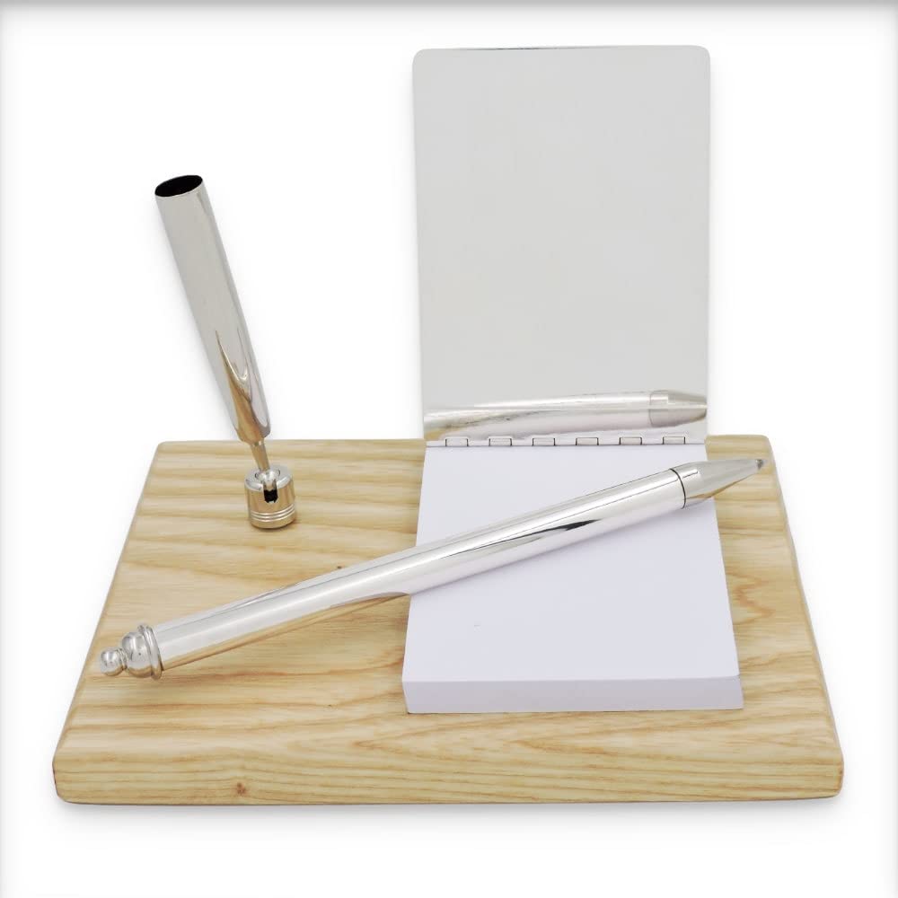 Set da Scrivania Composto da Block Notes e Penna in Argento Sterling 925, Base in Legno di Frassino Massello