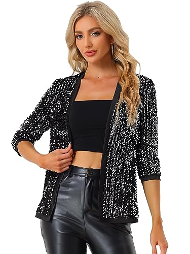 Allegra K Damen Pailettenjacke Glitzer Elegant Blazer Langarm Pailletten Party Club Offen Jacke Jacken Silber L