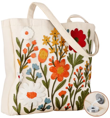Miss Adola Embroidery Canvas Tote Bag for Women - Reusable Totes with Magnetic Buckle Cute Aesthetic Designer Shoulder Bags for Shopping Grocery Daily Work, Flower Cluster