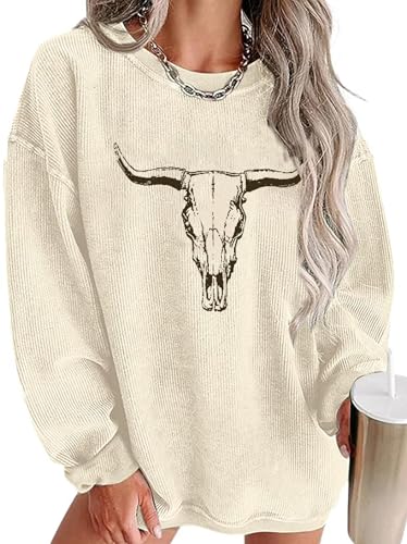 UNIQUEONE Boho Cow Skull Sweatshirt Women Cowgirl Shirt Rodeo Western Country Concert Outfits Nashville Graphic Pullover Tops Apricot
