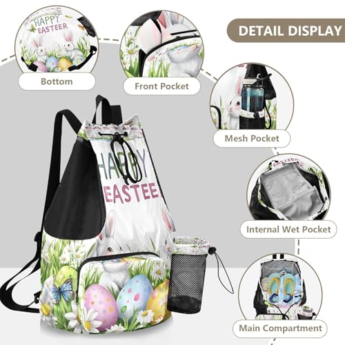 Mesh Gym Swimming Bags for Men & Women, Easter Bunny Butterfly Flowers Large Drawstring Backpack with Dry-Wet Pocket, Lightweight Gym Bag for Sports, Travel, Beach, Workout Gear4