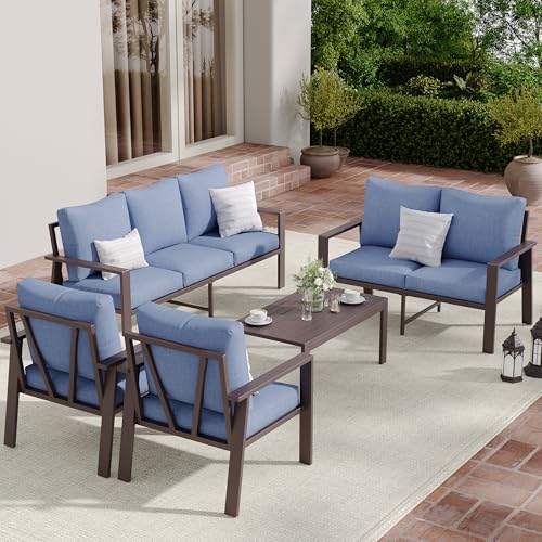 Image of Aluminum Patio Furniture Set 5 Pieces Modern Patio Conversation Sets for Porch, Deck, Garden, 7-Seat Outdoor Furniture Metal Sofa Set with 4 inch Water-Resistant Cushion & Coffee Table,Navy
