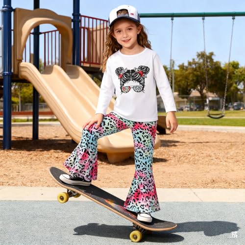 Image of KIDLAGA Toddler Girl Clothes Figure Graphic Drop Shoulder Top Pullover Leopard Print Flared Pants Fall Winter Outfit Set