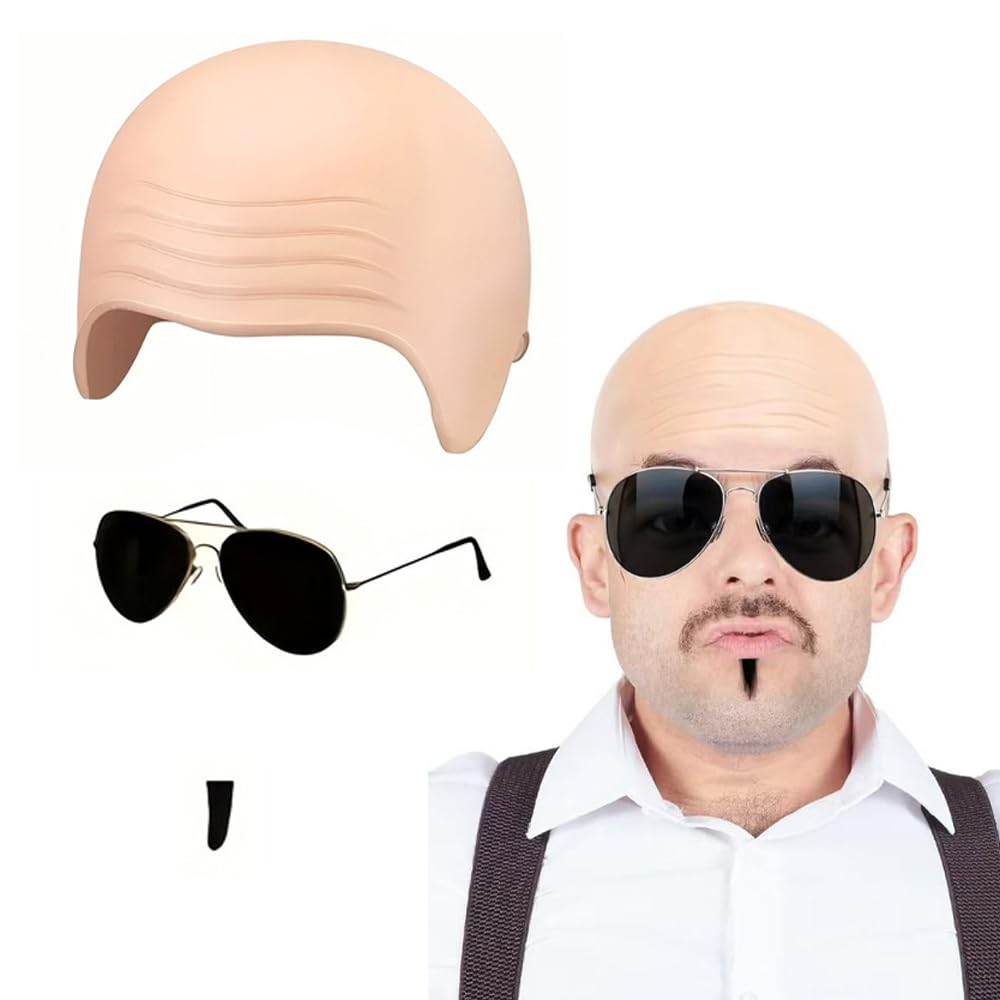 Adults Mr Worldwide Accessory Set, Nude Latex Bald Cap, Black Soul Patch, Mens Ladies Music Icon Famous Celebrity Fancy Dress Costume Accessory Set for Adults Men Women Cosplay, Halloween costumes