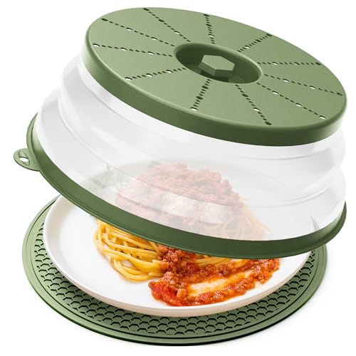 WVM Microwave Splatter Cover & Mat, Vented Collapsible Splatter Guard dish Plate lid & Silicone Round Kitchen Mat for Food, Meal Prep, Green