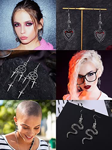 16 Pairs Gothic Spooky Earring Set | Metal Punk Y2K Silver Snake Butterfly Cross Evil Eye | Mystic Dangle Earrings for Halloween Night, Dark Retro Harajuku Punk Rock 20254