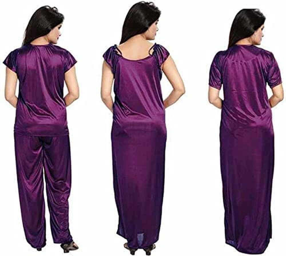 PHKMALL Women's Satin Ankle Length Nighty Set (Set Of 4) Purple Color (Medium) - Image 2 thumbnail