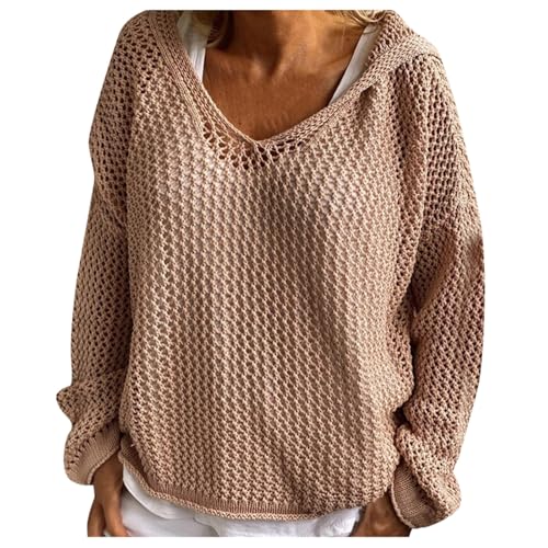 Long Sleeve Pullover Tops for Women Lightweight V Neck Hollow Out Hooded Shirt Casual Trendy Solid Color Knit Blouse Dark Gray