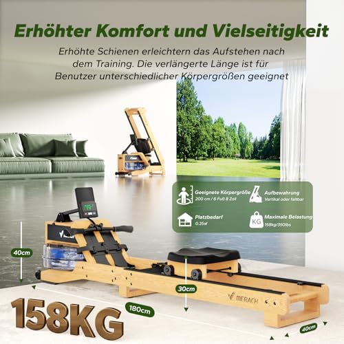 MERACH-Wasser-Rudergeraet-aus-Rot-EichenholzGummiholz-mit-12-Blaettern-fuer-Gleichmaessige-Belastung-Kann-den-Widerstand-um-40-Erhoehen-Exklusive-App-mit-Interaktivem-Flusskarten-Gaming