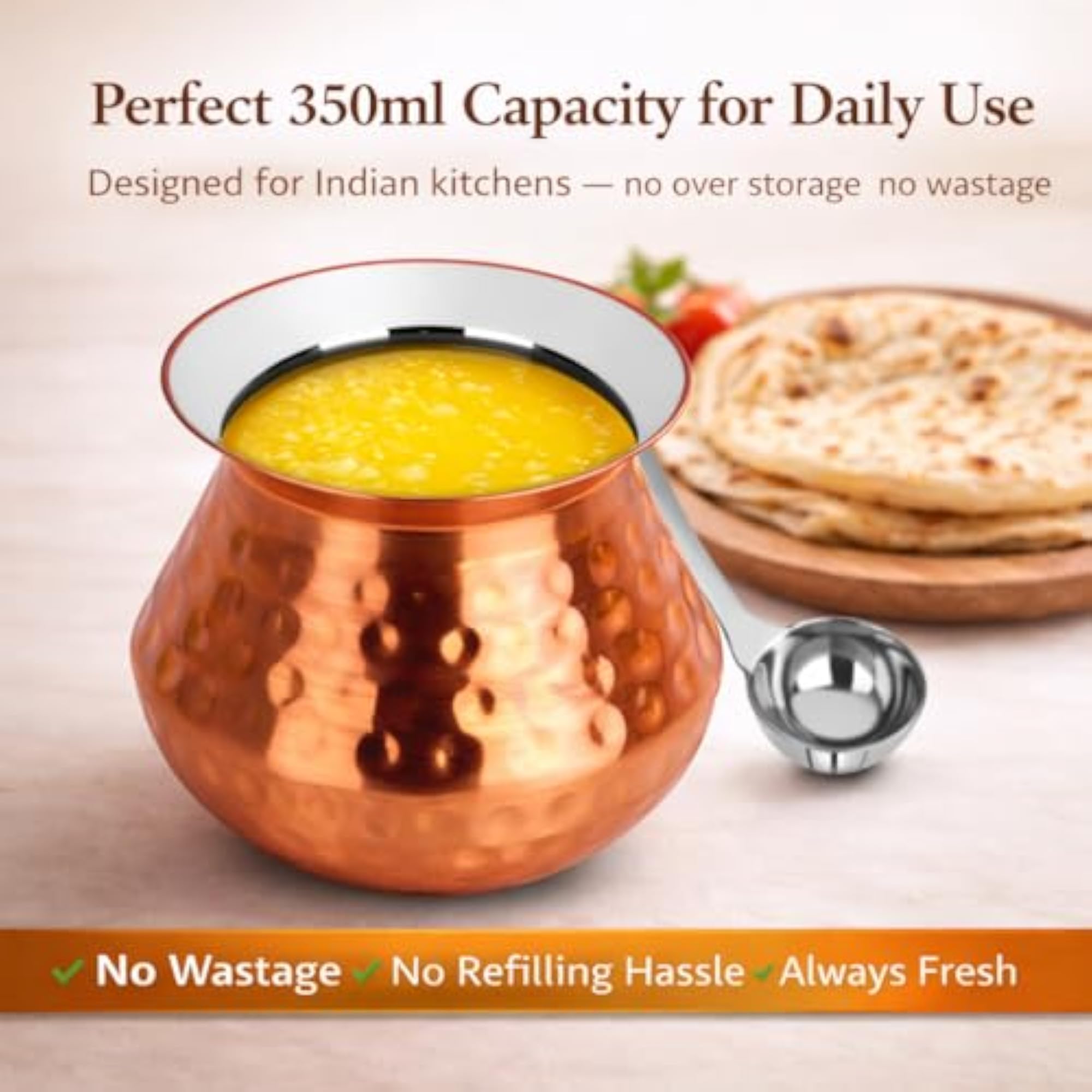 Copper Finish Ghee Pot with Lid, 350ml