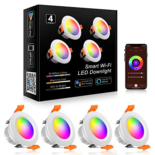 YGS-Tech Smart 2 Inch LED Recessed Lighting RGB WiFi Downlight, 5W Compatible with Alexa and Google Home, Dimmable RGB & CCT 2700-6500K Color Changing, 120V LED Ceiling Light with LED Driver (4 Pack)