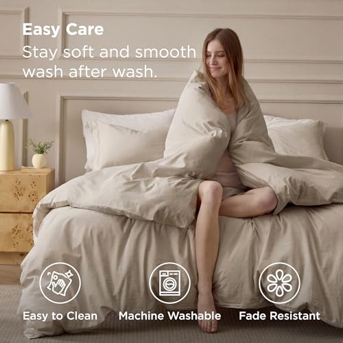 Image of Bedsure PureWoven 100% Washed Cotton Duvet Cover Set, Oversized Queen, 3-PC