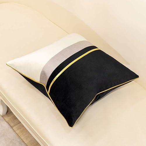Miniatura 3 de Avigers Funda de cojín de terciopelo a rayas de cuero negro blanco y dorado de 16 x 16 pulgadas, funda de almohada decorativa para sofá, sala de