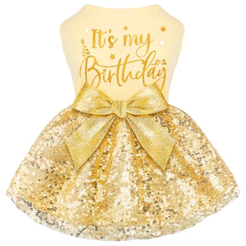 Birthday Dog Dress with Gold Sparkly Sequin Princess Dog Clothes for Small Medium Large Dogs Girls Boys Cats Outfit Apparel