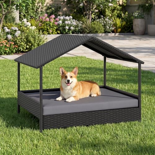 GYMAX Letto per Cane con Cuscino, Cuccia per Cane da Esterno in Rattan PE con Tetto a Spiovente e Base Rialzata, Ventilata & Impermeabile, per Esterno & Interno, 98 x 68 x 74 cm (Grigio)