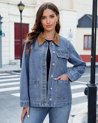 luvamia Jean Jacket Women Trendy Button Down Contrast Corduroy Collar Casual Loose Fit Denim Barn Jackets with Pockets2