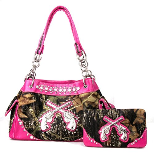 Western Handbag Camouflage Gun Pistol Pocket Camo Rhinestone Purse With Matching Wallet (PINK)