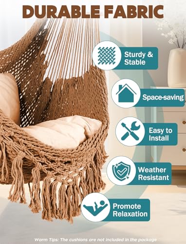 Image of Chihee Hammock Chair Handmade Woven Mesh Hanging Seat Metal Spreader Bar | Cotton Blended Rope Hanging Chair Ventilated Soft-Spun Large Stretch Hammock Swing, Elegant Macrame Indoor Outdoor Garden