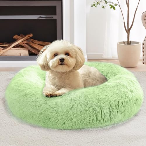 Image of JOLLYVOGUE Calming Dog Bed for Small Dogs - 23 inches Donut Washable Small Dog Bed for Kittens & Puppies, Anti-Slip Round Fluffy Plush Faux Fur Cat Beds (Fits up to 25 lbs Pets, Light Green)
