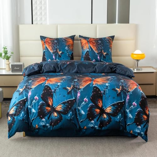 SJSXWQN布団セット 青い蝶 枕カバー 付掛け布団カバー ポリエステル 柔らかい 通気性 抗菌 防臭 防ダニ 布団カバー (190x210cm) + 2 枕カバー(43x63cm)