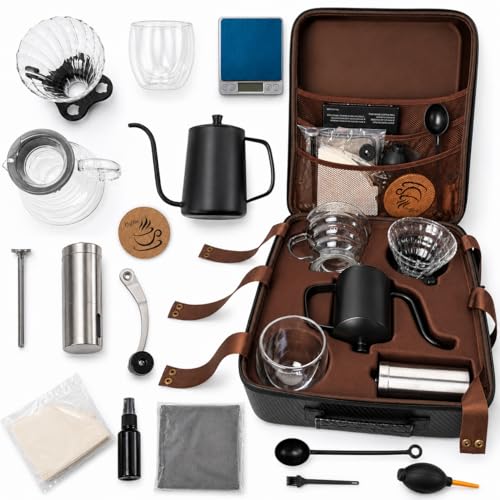 Toshionics V60 Coffee kit Drip Coffee Maker 15 Pcs - Manual Coffee Dripper Pour Over Coffee Set With Portable Bag Hand Grinder Gooseneck Kettle Scale Double Wall Cup Premium Barista Brewing Set