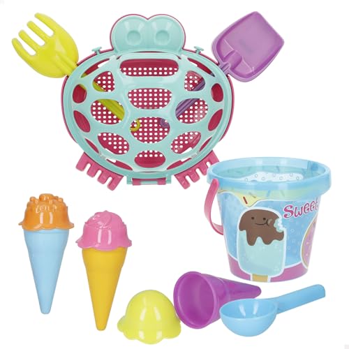 COLORBABY Color Beach Set de Playa Cangrejo con Cubo 14 cm, Palas, Rastrillo, Moldes de Helados y Red con asa, para Jugar en la Arena, Playa o Parque Desde 18 Meses (47701)