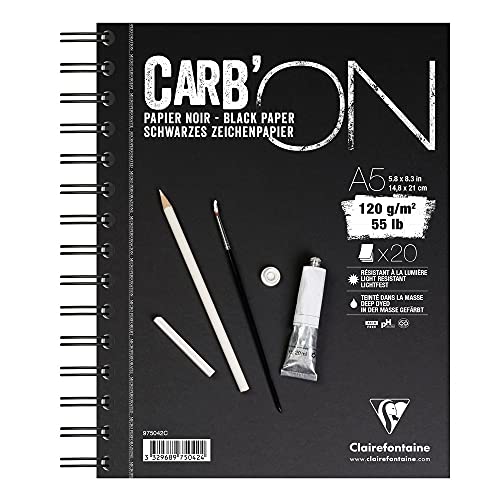 Clairefontaine - Ref 975042C - Carb'On Black Wirebound Paper Pad (20 Sheets) - A5 (210 x 148mm) Sized, 120gsm Paper, Acid Free, pH Neutral - Suitable for Watercolour