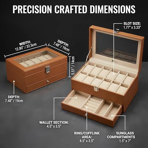 Image of Folk Creations Watch Box Organizer for Men & Women - 12 Slot Double Layer Luxury Watch Case, Premium PU Leather Jewelry Display Case with Transparent Top, Large Watch Holder & Tray Storage (Tan)