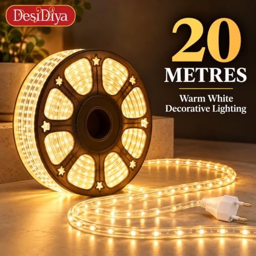 Image of Desidiya 20 Meter LED Rope Light Warm White for Diwali Decoration | Flexible PVC Pipe Light for Balcony, Window, Ceiling Cove & Mandir | Plug-in Decorative Lights for Home, Wedding & Party Decor