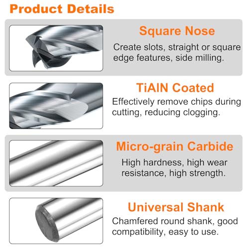 Image of HARFINGTON Carbide Square Nose End Mill Bit 7 /16 inch Cut Dia 4 Flutes TiAlN Coated Milling Cutter for Hardened Steel Metal (7 /16 inch Shank 5 /8 inch Cut Length 2-1 /2 inch Long 30 Degree Helix HRC53-55)