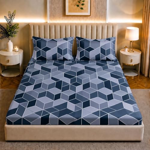 Image of Castiqa Elastic Fitted Supersoft Premium Polycotton 200TC King Size Bedsheets with 2 Pillow Covers (Fits Upto Mattress of 8Inches) (Blue Cubes, Full 72x78x8Inch)